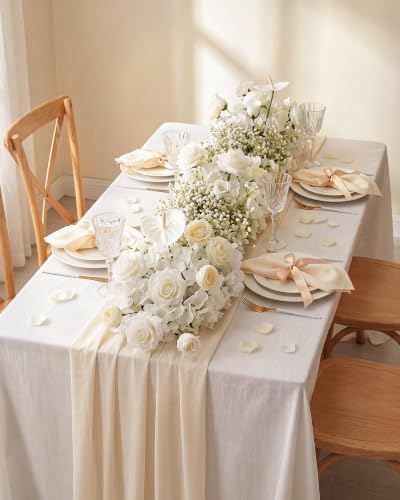 36inch Aisle Flower Garland with Chiffon Sheer Drape, White Rose, Butterfly Orchid & Baby's Breath Artificial Flowers, Floral Runner for Wedding Arch, Backdrop, Reception Table Decor, Ceremony Pathway - Image 2
