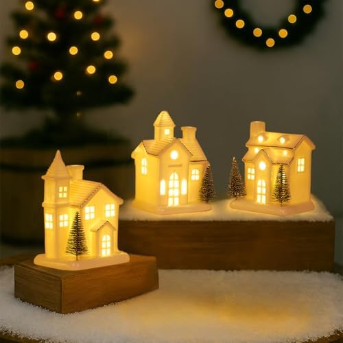 Ceramic White Christmas Village Houses 3Pcs Light Up Small Porcelain Village House with 4Pcs Christmas Trees LED Lighted Tabletop House Figurines Christmas Decorations for Holiday Winter Home Decor - Image 2