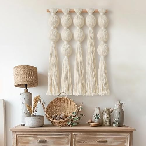 Jakalin Macrame Wall Hanging Boho Tassel White Fiber Wall Art 19.6"x15.7" - Image 2