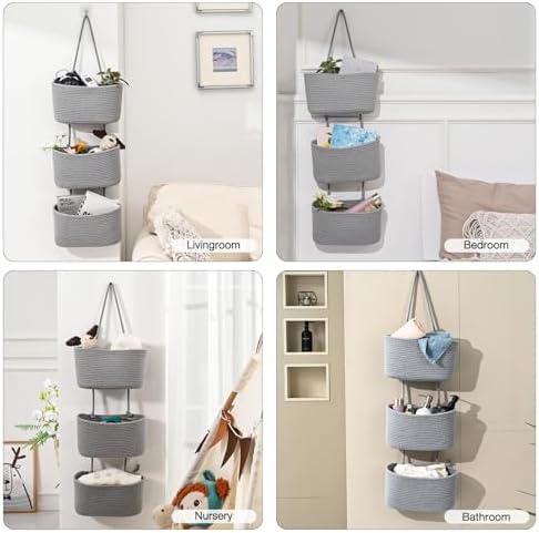 ICERZCZ Hanging Baskets for Organizing, Over the Door Decorative Storage Organizer, Nursery Decor Organization, 3-Tier Wall Basket for Entryway Playroom Bathroom Closet, Light Gray - Image 4