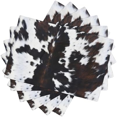 Cowhide Printed Placemats 12x18 Inch, Brown Black White Aztec Style Kitchen Dining Rustic Non-Slip Heat Resistant Table Runner 6 Pieces by AuiMzoo