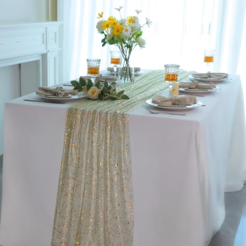 Snowkingdom 6Pcs 10Ft Sage Gold Gauze Sheer Table Runner - Image 5