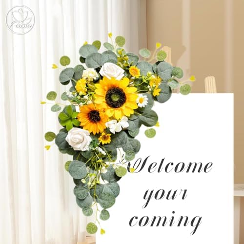 Odouzy Artificial Wedding Arch Flowers for Wedding Sign,Set of 2 for Welcome Ceremony Sign,Faux Floral Swags,Banquet and Reception Backdrop Floral Decoration (Green&Sunflower) - Image 4