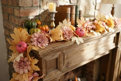 GAGEC 1Pcs 5.7FT Pink Fall Garland with Lights Pink Fall Decor Artificial Pumpkin Garland Without Battery Autumn Vine Decorations for Mantle Fireplace Porch Thanksgiving Decor - Image 2