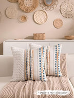 Boho Chenille Tufted Couch Throw Pillow Covers 18x18 Inch Set of 2 Farmhouse Striped Decorative Pillow Covers Accent Neutral Pillowcase Caramel Brown Blue Cushion Cover for Livingroom Sofa Bed - Image 2