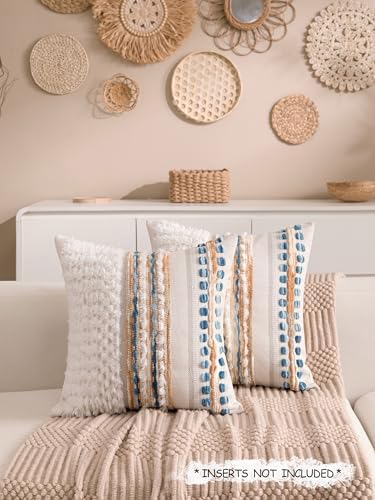 Boho Chenille Tufted Couch Throw Pillow Covers 18x18 Inch Set of 2 Farmhouse Striped Decorative Pillow Covers Accent Neutral Pillowcase Caramel Brown Blue Cushion Cover for Livingroom Sofa Bed - Image 2