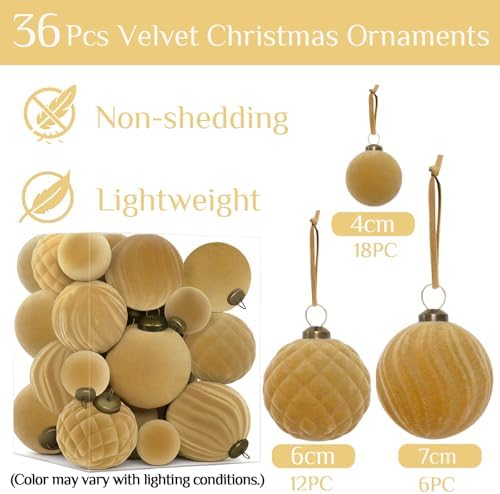 XmasExp 36PCS Velvet Christmas Ornaments Set Mixed Flocked Balls Ornaments Shatterproof Christmas Tree Decorations for Holiday,Party,Home(Light Coffee - Image 2