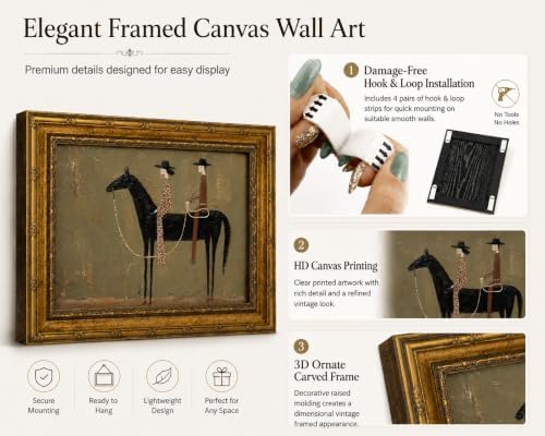 Gold Framed Black Horse Wall Art, Western Canvas Print, 24x16 - Image 2