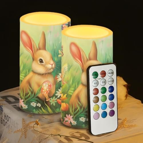 Easter Decorations Indoor Candles with Rabbit Daisy Flameless Candles with Remote and Timer 2 Pack Battery Operated Easter Themed LED Candles for Festival Gift Home Room Decor Green by WelcometoLuarisgur