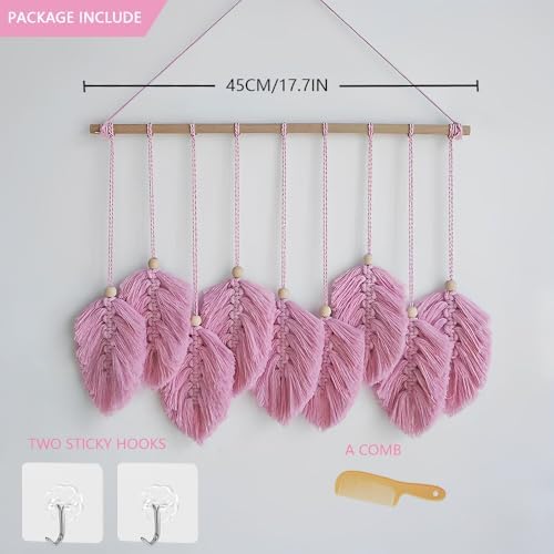 VEKALON Macrame Art Tapestry - Boho Chic Woven Wall Hanging Decor for Living Room, Modern Bohemian Feather-Shaped Decorations for Apartment, Home, and Bedroom(Pink) - Image 2