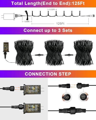 2Packs 380 LED Halloween Lights, Each 125FT String Lights 8 Lighting Modes & Timer Memory, Outside Waterproof Strings Lights for Trees Gardens Yard Holiday Decorations, Purple and Orange - Image 6