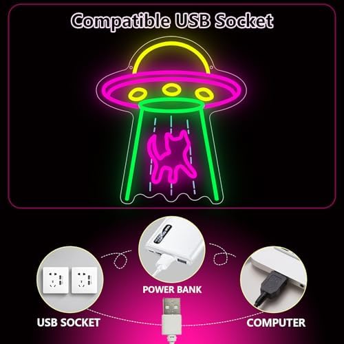 Cat Neon Sign, UFO Cat Spaceship Space Travel Led Neon Light Signs Cat Night Lamp for Astronomy Game Room Man Cave Party Decorations Bedroom Birthday Gift USB Powered(14.4” x 12.6") - Image 5