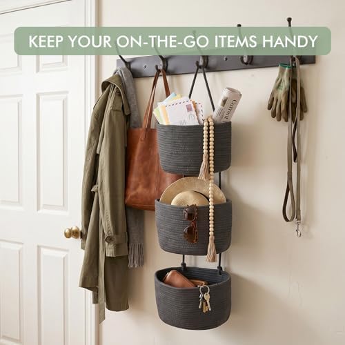 Wall Hanging Rope Baskets 3-Tier Boho Organizers (Gray & Black, Large) - Image 5