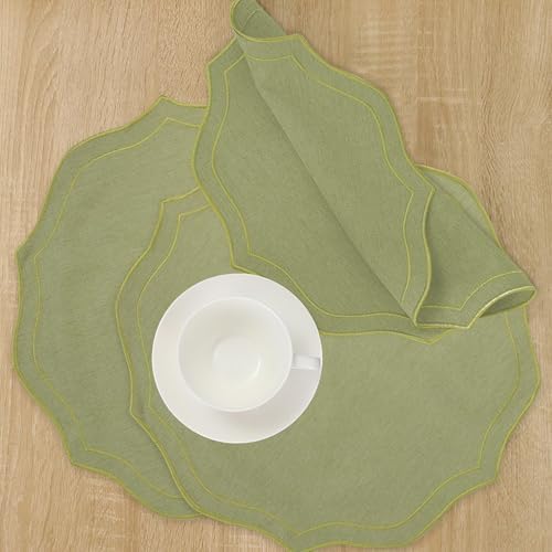 Set of 8 Cotton Linen Placemats, 15x15 Round Scalloped Cloth Table Mats, Embroidery Machine Washable, Wrinkle Resistance Fabric Place Mats for Wedding Summer Baby Shower Party Table Decor-Green - Image 7
