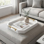 Decorative Wood Serving Tray with Polished Gold Handles, Octagon MDF Tray, Glossy Finish, 16x12 Inch, for Coffee Table, Ottoman (White) - Image 7