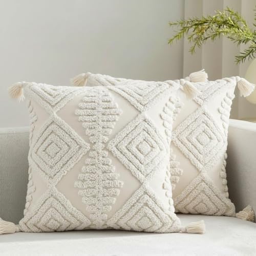 Boho Pillow Covers, 20x20 Bohemian Cushion Cases,Set of 2 Textured Moroccan Throw Pillows,Decorative Farmhouse Neutral Spring Pillowcases for Couch Sofa Bedroom Living Room Home Decor White by Unknown