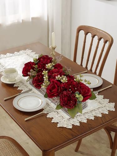 Flower Arrangement with Wooden Vase 14" Artificial Flowers in Pot - Fake Flowers Roses Peonies Hydrangeas in Wooden Vase Potted Artificial Flower Centerpieces for Table Decor Living Room - Red - Image 5