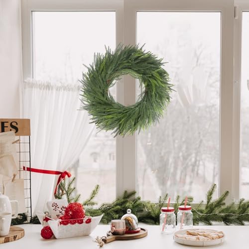 LOKEISNA Real Touch Norfolk Pine Wreath, 24" Artificial Christmas Wreaths for Front Door, Soft Bendable Pine Wreath for Wall Windows Mantle Christmas New Year - Image 5