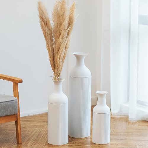 Sziqiqi White Modern Tall Floor Vase, Ribbed Metal Standing Decor, 3Pcs - Image 3