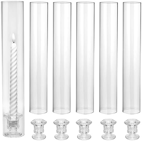 CHILL RECIPE Hurricane Glass Candle Holders-Set of 6 Tall Taper Candle Holder with 14” Tall Clear Cylinder Covers for Wedding Table Centerpiece Home Decor (Diamond Base+Clear Chimney) by CHIILLRECIPE
