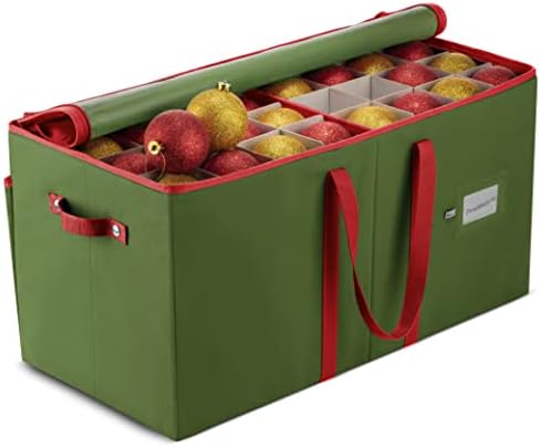 ZOBER Large Christmas Ornament Storage Box - Stores 128 3" Ornaments, With Dividers - Ornament Organizer Storage Box, Durable Christmas Containers Holder - Extra Pockets, Dual Zipper - Green by ZOBER