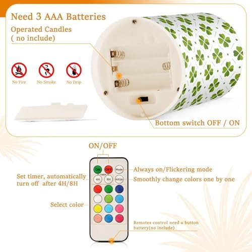 ALAZA St Patricks Day Clover Leaves Shamrocks Flickering Flameless Candles Battery Operated with Remote Timer,Tea Light Candles LED Pillar Votive Candles Set of 2 for Outdoor Indoor Decorations - Image 4