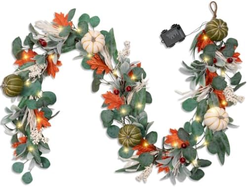6FT Lighted Handcrafted Fall Garland, 30 LED Lights & 8-Mode Auto Timer by MISF