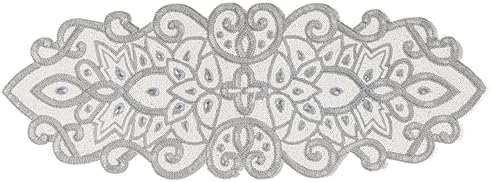 Beaded Table Runner Decorative Hand Glitz Rustic Farmhouse for Scalloped Design - 13x36 Inch - Ivory Silver by byHomeDecorativeProduct