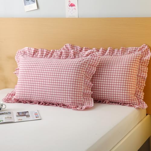 Silnuo Vintage Pink/White Gingham Ruffled Queen Size Pillow Shams Set of 2 - Image 2