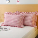 Silnuo Vintage Pink/White Gingham Ruffled King Size Pillow Shams Set of 2 - Image 2