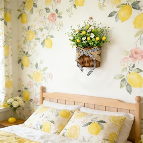 Lemon Hanger Basket Wreath for Front Door 15" Summer Basket Wreath Artificial Green Leaves with White Daisy Wreaths Baskets for Indoor Farmhouse Porch Entryway Wall Garden Home Decor - Image 4