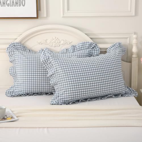 Silnuo Light Blue Plaid Gingham Ruffle Pillow Shams Queen Size Set of 2 - Image 2