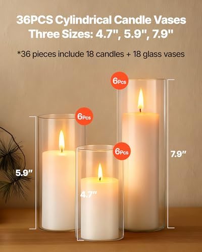 VEVOR Pillar Candles and Glass Vases Set 36 Pcs, Clear Cylinder Hurricane Candle Holders for Wedding Centerpieces, Tall Vase for Table Decor, Wedding Party, Thanksgiving,White (2.56" x 4.7",5.9",7.9") - Image 2