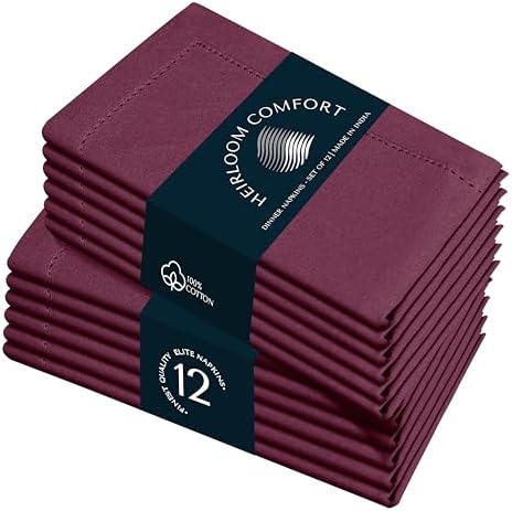Burgundy Cotton Cloth Napkins 18"x18" - Set of 12 - Soft, Absorbent, Durable, Reusable, Washable - Hemstitch Mitered Edges - Perfect for Weddings, Receptions, Holiday, Formal Events by HEIRLOOMCOMFORT