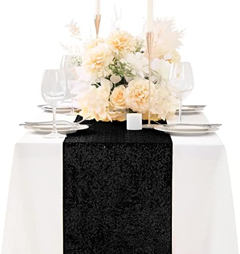 SoarDream Black Table Runner 10 Packs 12x72 Inches Sequin Metallic Fabric Glitter Table Runner for Party Birthday Holiday Event Supplies Decorations - Image 2