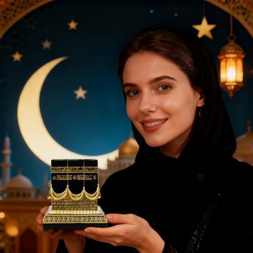 Resin Kaba Replica Decor - 4.6 Inch Golden Black Islamic Prayer House Model with Arabic Script & Rhinestones, Eid Ramadan Gift, Muslim Home Office Desk Decoration (4.17x4.17 in Base) (Gold) - Image 6