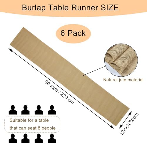 6 Pack 12 x 90 Inch Natural Burlap Table Runners,Rustic Jute Table Runner and Placemats Bulk for Western Wedding Table Decorations,Farmhouse Style Party,Holiday,Kitchen Coffee Table Decor Cover - Image 2