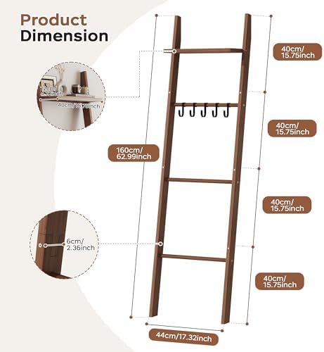 63" Bamboo Blanket Ladder with Shelf and 5 Hooks, Leaning Blanket Rack - Image 2