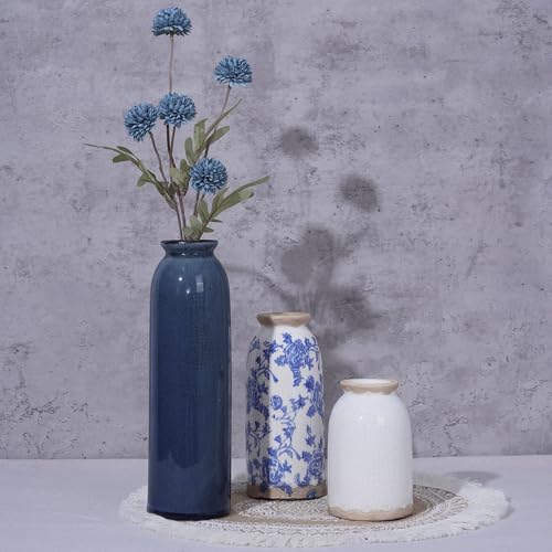 Vintage Ceramic Vase Set of 3, Blue and White Small Flower Vase Chinoiserie Rustic Modern Farmhouse Centerpiece Decorative Vases for Table Entryway Bookshelf Living Room Kitchen Home Decor - Image 4