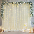 10x10ft Ivory Tulle Backdrop Curtain with Lights String for Parites, Sheer Photo Backdrop Curtain Drapes for Wedding Baby Shower Birthday Party Photo Shoot Decorations - Image 2