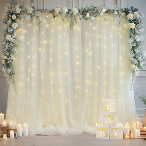 10x10ft Ivory Tulle Backdrop Curtain with Lights String for Parites, Sheer Photo Backdrop Curtain Drapes for Wedding Baby Shower Birthday Party Photo Shoot Decorations - Image 2