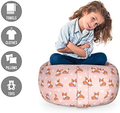 Ambesonne Dog Lover Storage Toy Bag Chair, Little Corgi Jumping Running and Standing Cartoon Hearts Background, Stuffed Animal Organizer Washable Bag, Small Size, Orange White - Image 2