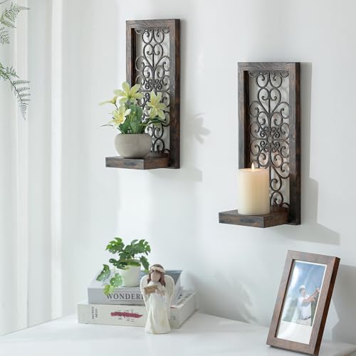 Mirrored Browm Wall Candle Sconces Set of 2 with Scrollwork Design - Image 5
