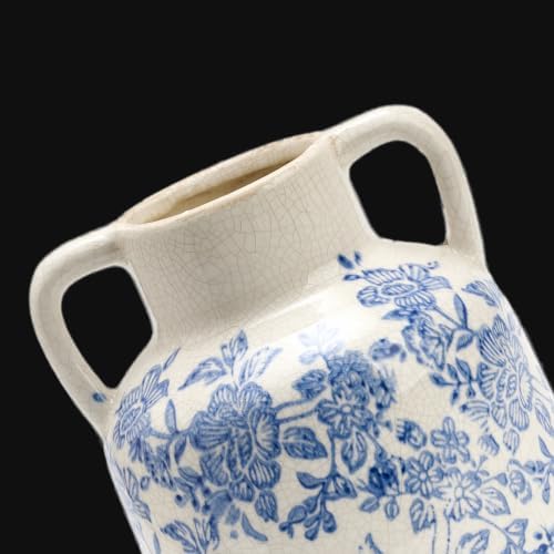 Ceramic Vase with Handles, Vintage Utensil Holder, Flower Decorative Vase Chinoiserie Decor Rustic Farmhouse Retro Floral Vases for Table Bookshelf Mantel Kitchen Living Room Office - 6.7” Blue 017 - Image 5