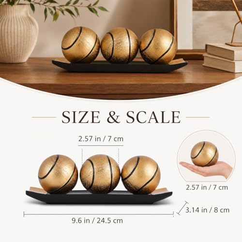 Decorative Black Gold Balls for Home Decor,3 Resin Orbs with Display Tray,Inspired Sphere Centerpiece for Coffee Table Dining Table Shelf Mantel Entryway Console Office,Basketball Decor Gift for Men - Image 2