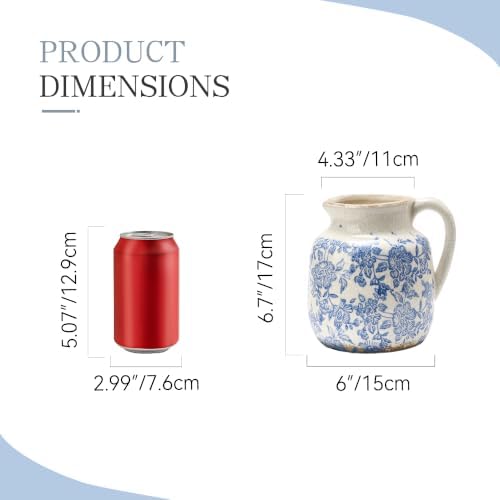 Ceramic Flower Vase, Vintage Utensil Holder, Blue and White Decorative Vase Chinoiserie Decor Rustic Farmhouse Retro Floral Vases for Table Bookshelf Mantel Kitchen Living Room Office - 6.7” Blue 016 - Image 2