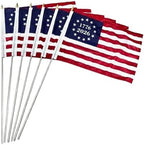 JRED 250 Anniversary USA Flags on Stick 6 Pack, 12x18 Inch 1776-2026 Betsy Ross 13 Stars Handheld US Flags, with Retractable Stainless Steel Pole Safety Spear Top for 4th of July by Home