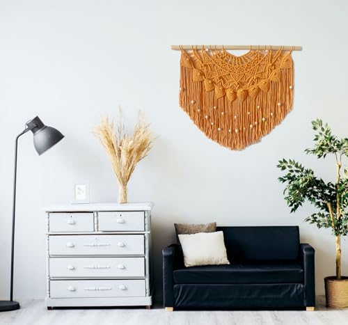 Youngeast Large Macrame Wall Hanging Boho Beaded Curtain for Window Macrame Bedroom Headboard Living Room Wall Art Tassel Tapestry Bohemian Woven Wall Decor 31" W X 25" H (Orange) - Image 4