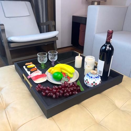 20x20 Inches Large Black Faux Leather Wrapped Wood Ottoman Tray with Handles for All Occasions, Serving Food Breakfast On Bed, Home Decor Decorative, Living Room,Square Coffee Table Organizer - Image 4