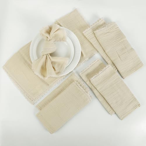 FINGERCRAFT Lace Cloth Napkins, Cotton Gauze, Set of 12, 20x20 Inch,Beige - Image 2